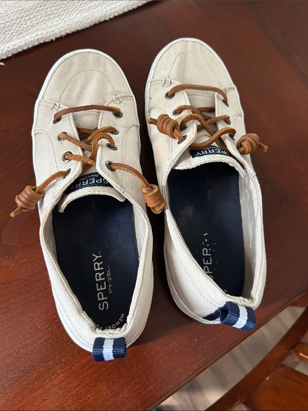 Sperry Cream Canvas Boat Shoes with Brown Leather Laces
